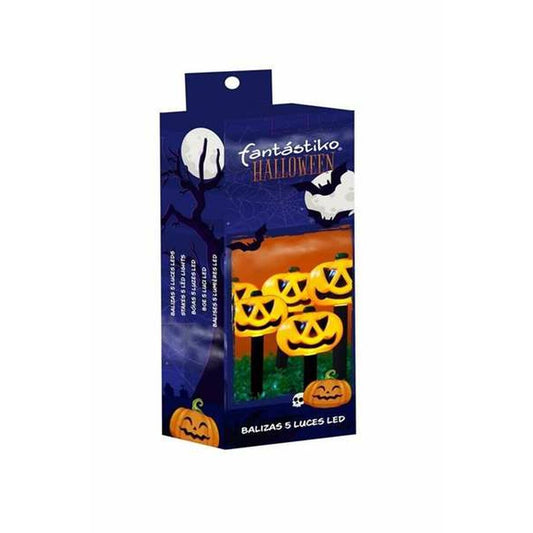 En förpackning med fem gula, lysande jack-o'-lantern ljuslyktor på svarta pinnar för trädgården.