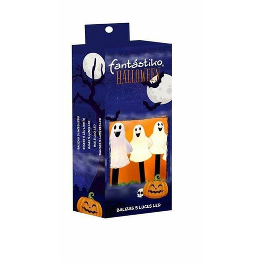 En förpackning med fem stycken LED-ljus formade som spöken och pumpor för Halloween-dekoration.