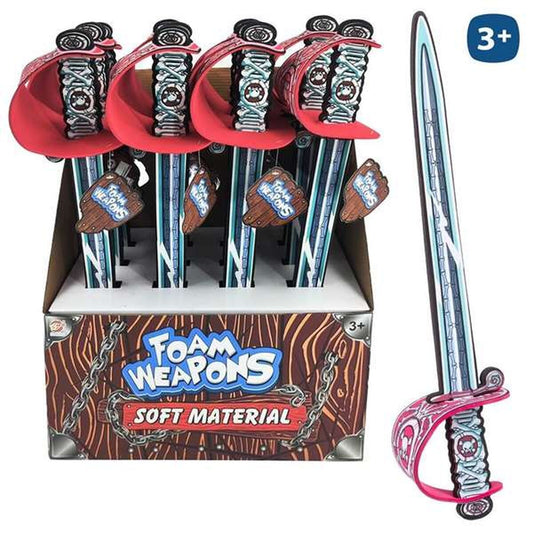 Ett långt, rosa och blått skumsvärd med ett pirathandtag och ett fäste som ser ut som en röd cape.