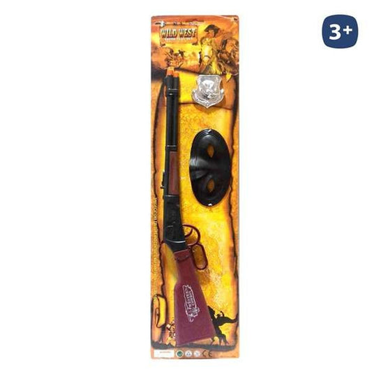 Förpackning med ett svart leksaksgevär, en svart ögonmask och ett sheriffmärke.