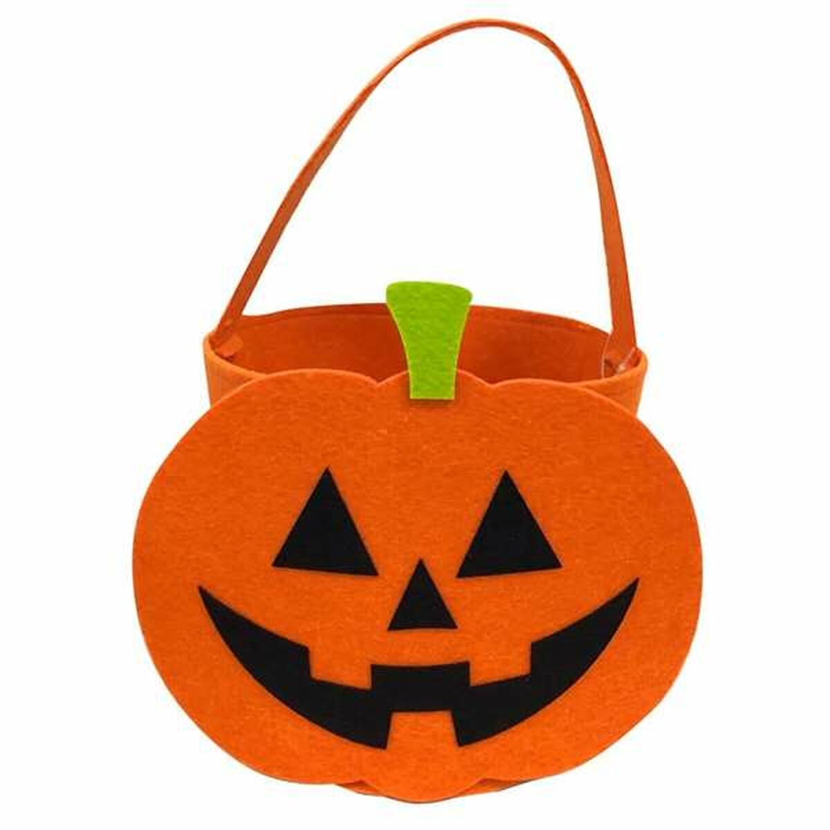 En orange godiskorg formad som ett glatt pumpansikte med ett grönt skaft och ett orange handtag.