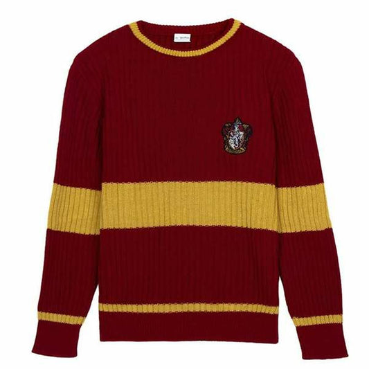 En röd och gul randig stickad herrtröja i Harry Potter-stil med ett Gryffindor-emblem broderat på bröstet.