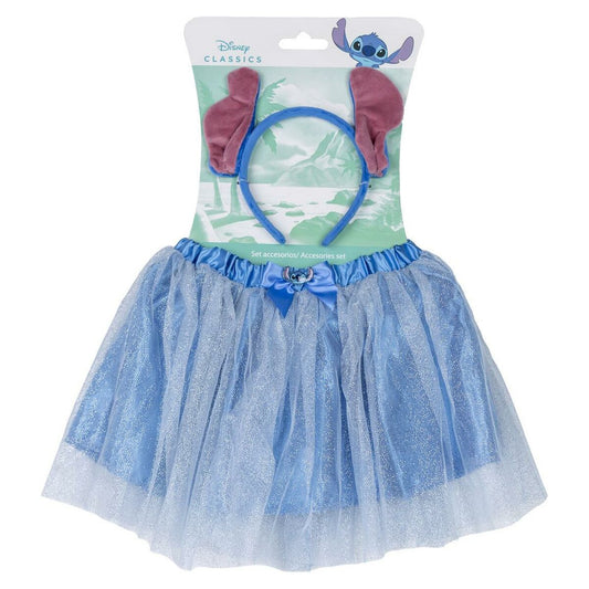 Ett förpackat set med Stitch-maskeradaccessoarer för barn som inkluderar en glittrig blå tyllkjol och ett blått diadem med lurviga rosa/lila öron.