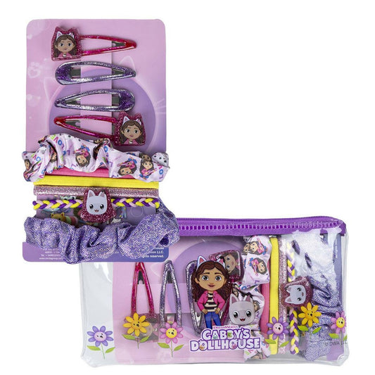 Ett transparent etui med dragkedja som innehåller ett 10-delars set med håraccessoarer från Gabby's Dollhouse, inklusive hårklämmor, scrunchies och hårband i lila, rosa och gult.
