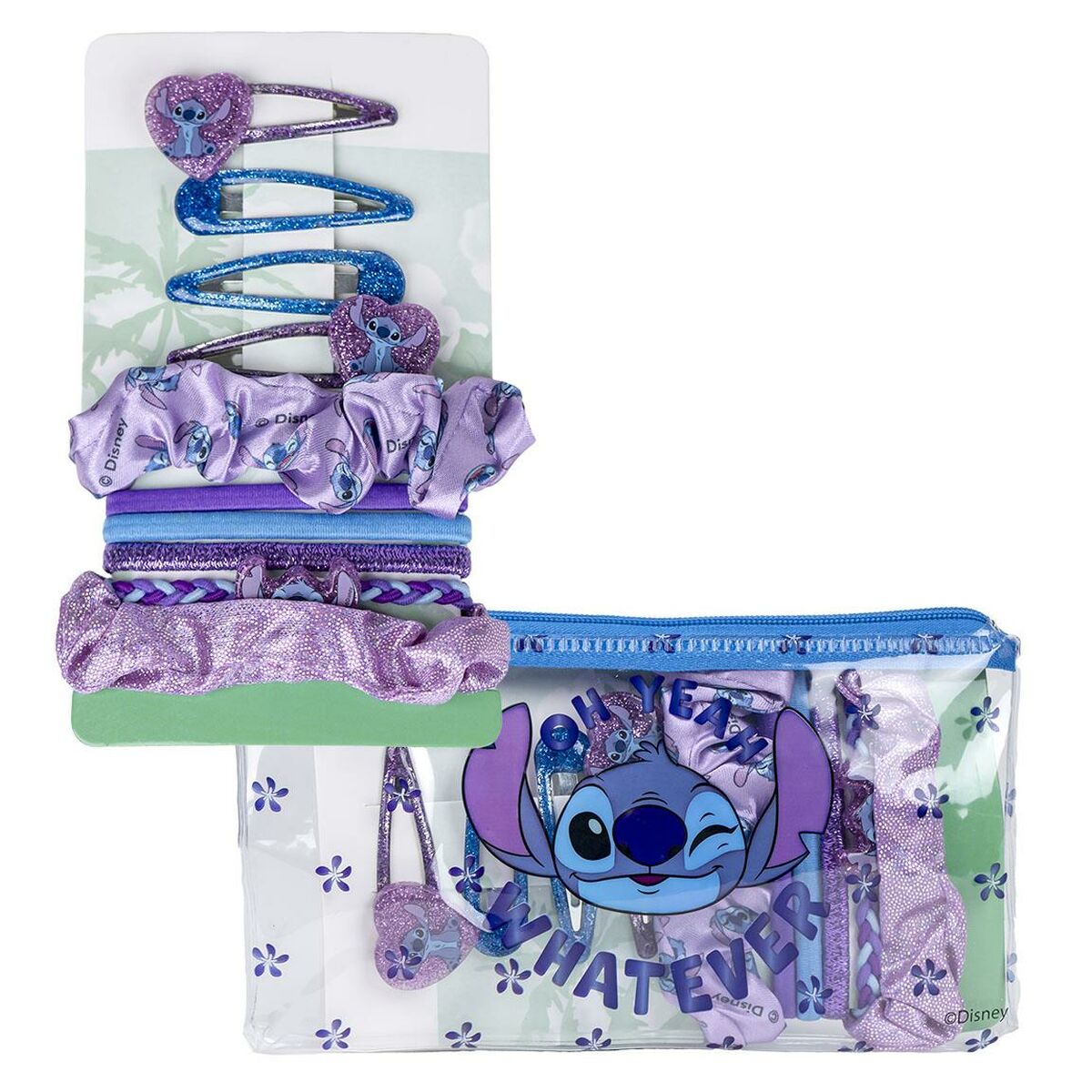 Ett set med 10 delar blåa och purpurfärgade håraccessoarer, inklusive hårklämmor, scrunchies och hårband, med motiv av Disneyfiguren Stitch, förvarat i en genomskinlig necessär.