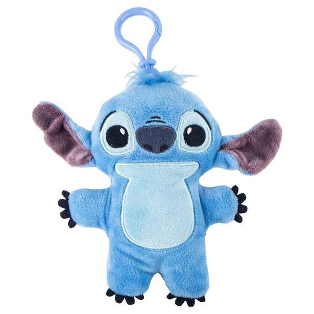 En blå mjukisfigur föreställande karaktären Stitch med en blå plastkrok för upphängning på väskor.