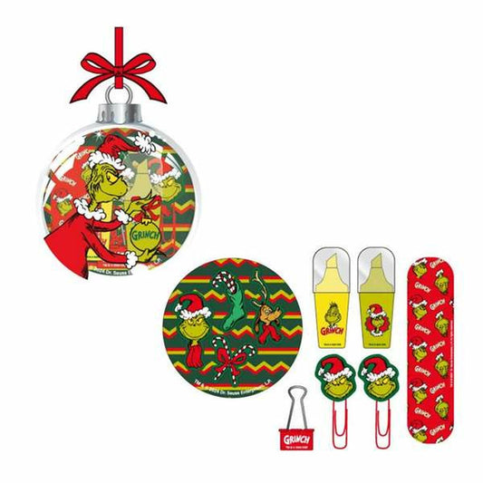 Ett juligt set med kontorsmaterial med The Grinch, inkluderande en julgranskula, dekaler, överstrykningspennor, gem och ett bokmärke.