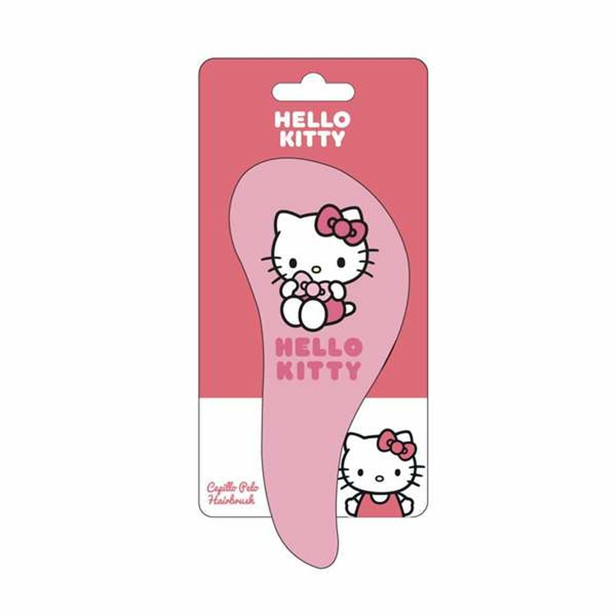 En rosa, böjd hårborste med Hello Kitty-motiv tryckt på framsidan, förpackad i en matchande rosa kartong med Hello Kitty-logotyper.