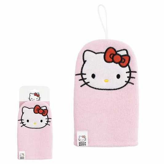 En rosa badvante med ett stort broderat tryck av Hello Kittys ansikte med röd rosett, förpackad och redo att användas.