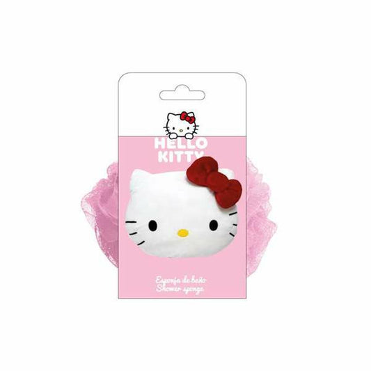 En förpackad, rosa duschsvamp formad som det vita huvudet på Hello Kitty med svarta ögon, gula nos och en röd rosett på huvudet.