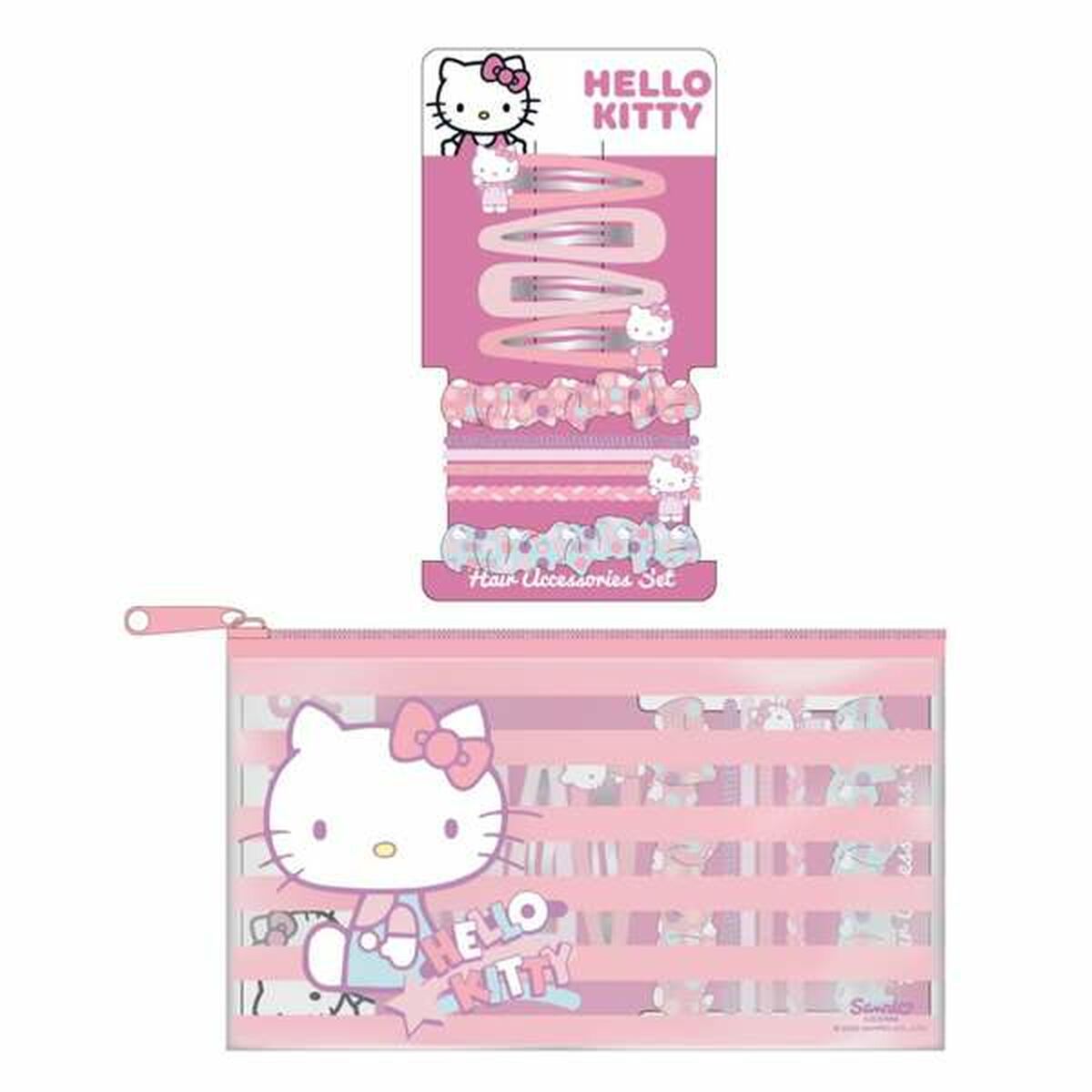 Ett rosa håraccessoarset med hårklämmor och hårsnoddar från Hello Kitty, förpackat i en genomskinlig rosa necessär med ett stort tryck av Hello Kitty.