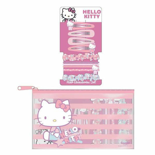 Ett rosa håraccessoarset med hårklämmor och hårsnoddar från Hello Kitty, förpackat i en genomskinlig rosa necessär med ett stort tryck av Hello Kitty.