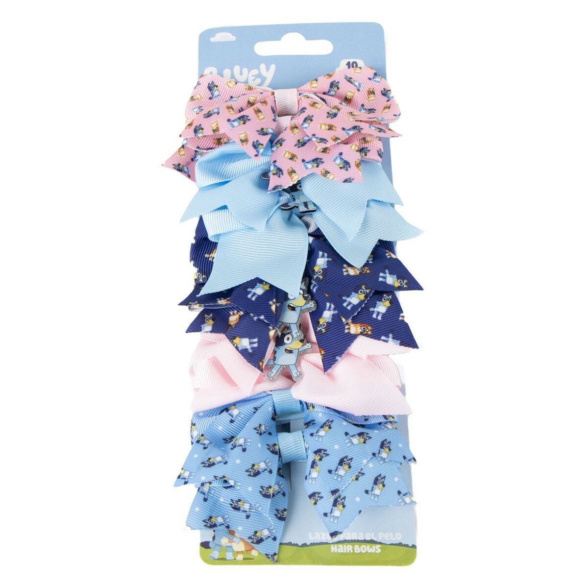 Ett paket med tio hårspännen i form av rosetter i nyanserna rosa, ljusblått och mörkblått, dekorerade med motiv av karaktären Bluey.