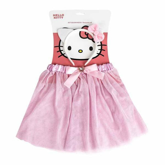 Ett förpackat set med ett vitt Hello Kitty-diadem som har rosa rosett, samt en kort, ljusrosa tyllkjol med rosa satinband och en liten dekoration i mitten.