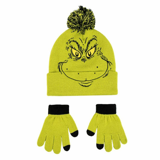 Ett set med en limegrön mössa prydd med ett broderat, elakt leende och gula ögon som föreställer karaktären Grinchen, samt ett par matchande gröna handskar med svarta muddar och svarta tumspetsar.