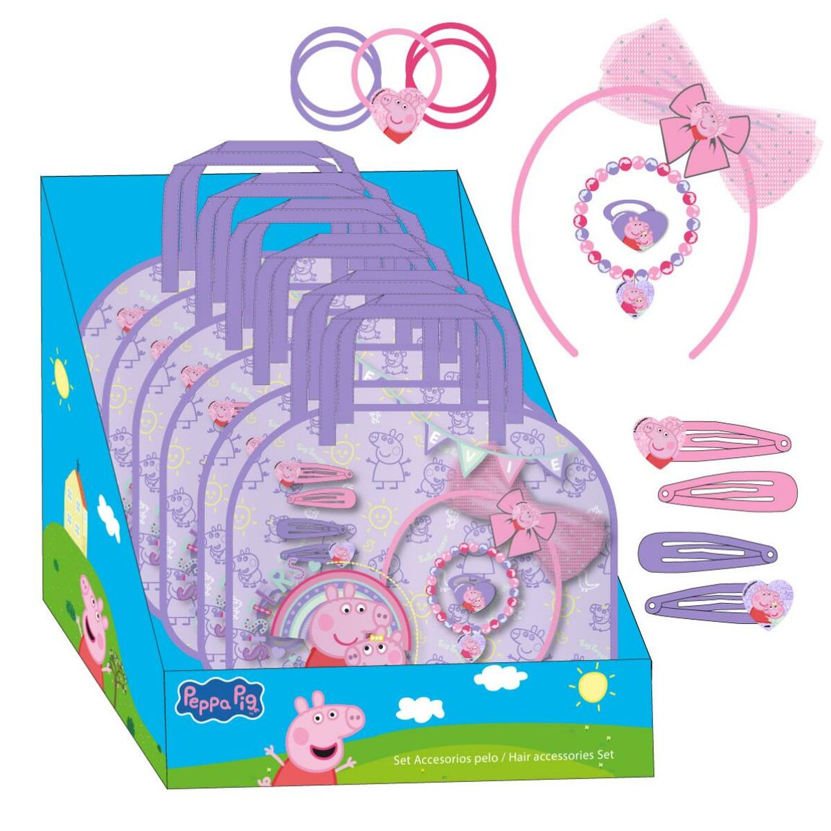 En displaykartong fylld med lila shoppingväskor som innehåller rosa Peppa Pig håraccessoarer, inklusive hårband, spännen och ett halsband.