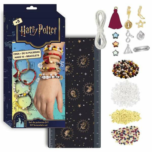 Förpackning till Harry Potter DIY-set som visar hur man skapar pärlarmband med olika hängen och pärlor i husfärgerna.