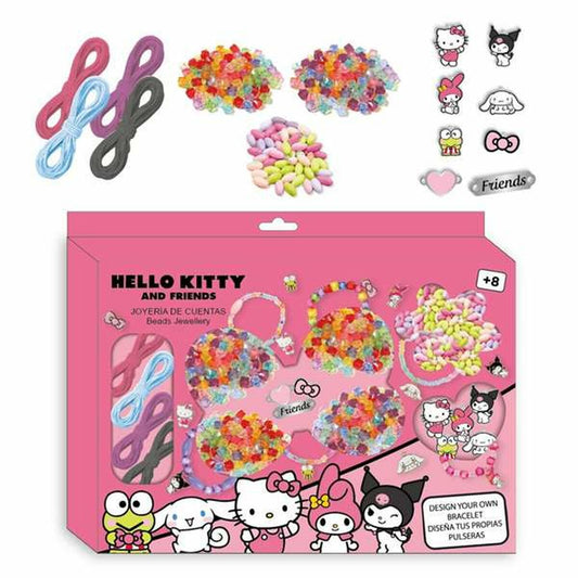 Förpackning med Hello Kitty and Friends smyckeskit som innehåller pärlor i olika färger, snören, samt diverse berlocker med Hello Kitty-figurer och texten "Friends".