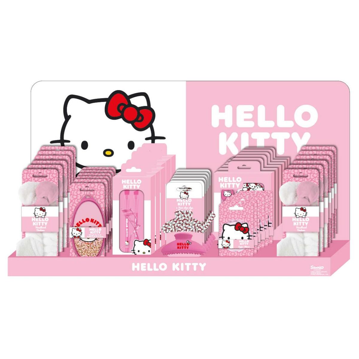 Display med flera rosa Hello Kitty halsband förpackade i displayställ, med stor Hello Kitty grafik i bakgrunden.