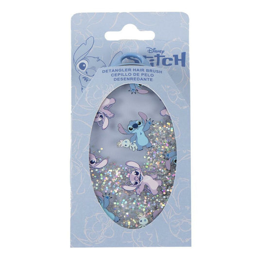 Förpackad blå detangler hårborste med motiv av Disneykaraktären Stitch och rörligt silverglitter i mitten.