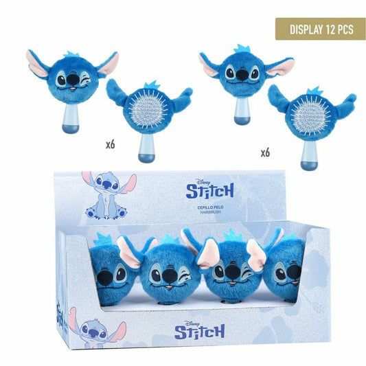 Ett displayställ fyllt med 12 blåa, lurviga hårborstar formade som Disneyfiguren Stitch, varav några har ett öga som blinkar.