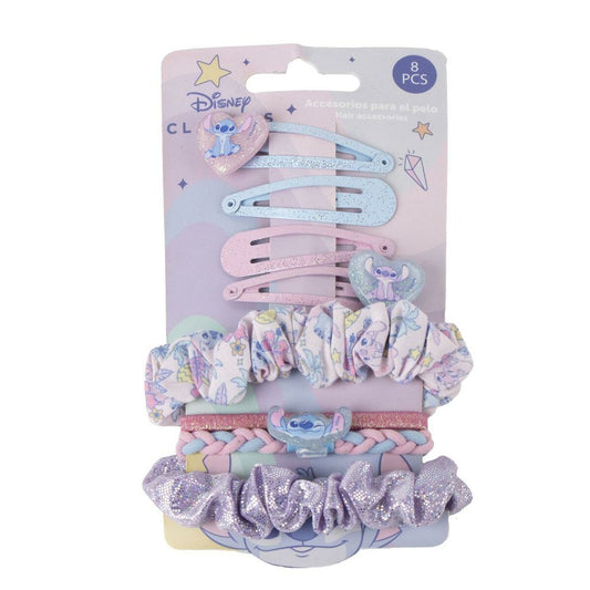 Förpackning som innehåller 8 delar håraccessoarer med Disney-karaktären Stitch, inklusive hårspännen, scrunchies och flätade snoddar i pastellfärger.