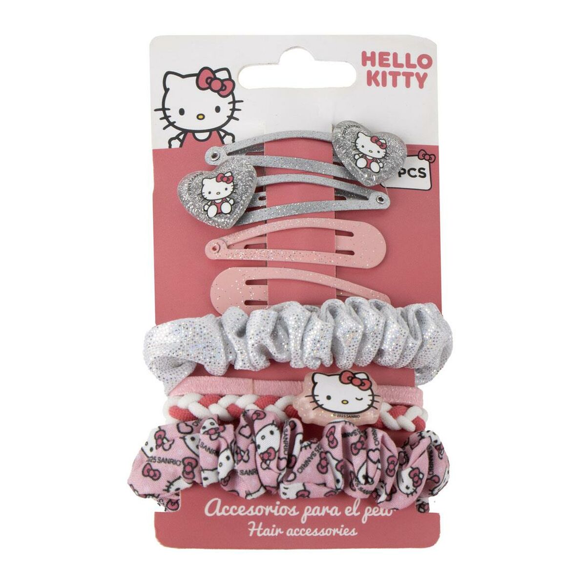 Ett förpackat set med Hello Kitty håraccessoarer som inkluderar glittriga hårklämmor i silver och rosa, samt olika hårsnoddar med glitter och mönster i rosa och vitt.