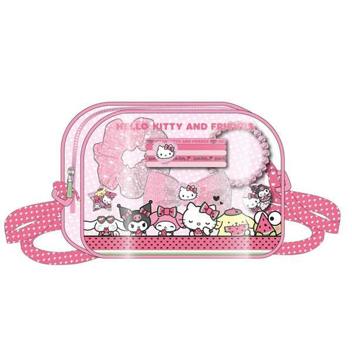 Ett rosa skönhetsset med Hello Kitty och hennes vänner, inklusive en väska och flera roliga accessoarer.