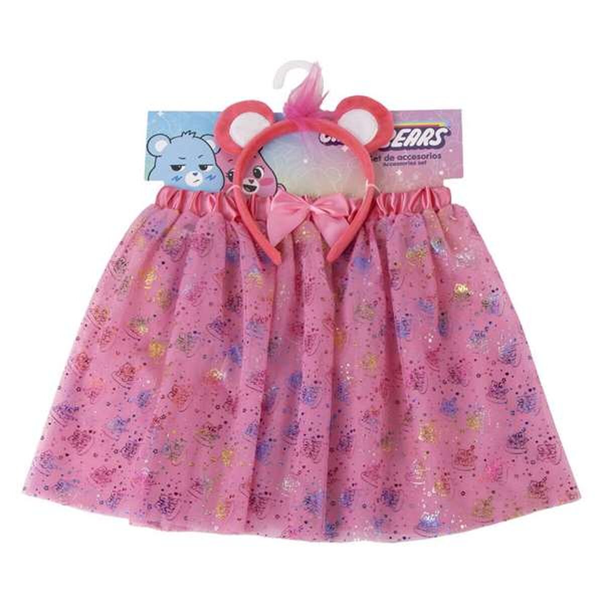 Ett rosa utklädnadsset för barn med en glittrig tyllkjol och ett matchande diadem med runda öron och en liten rosett.