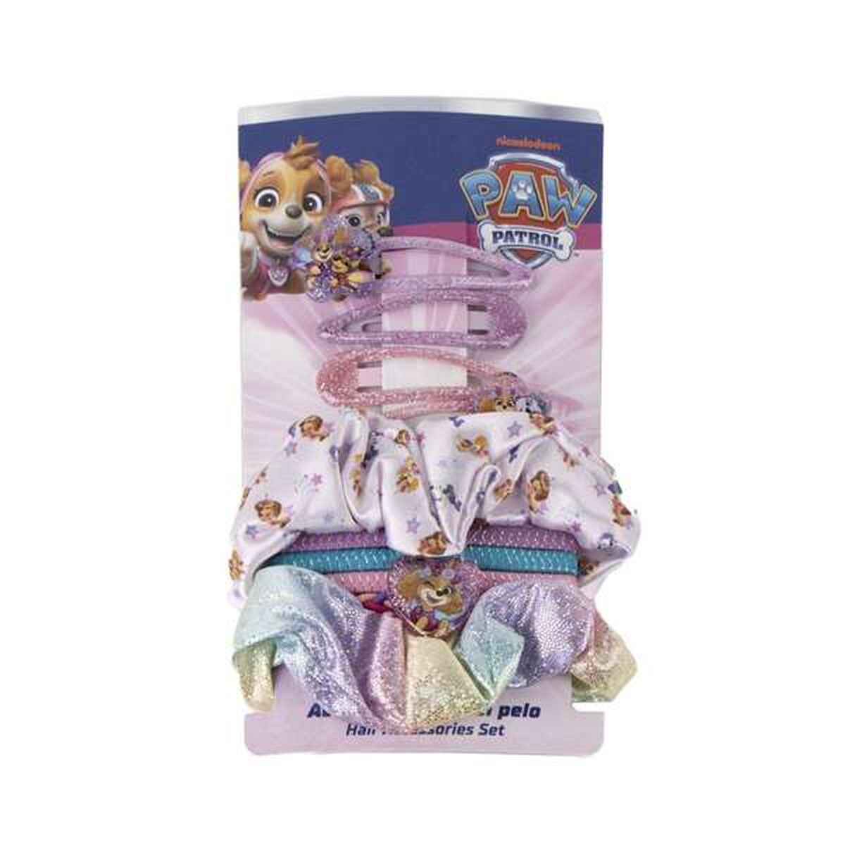 Ett set med håraccessoarer i rosa och lila toner dekorerade med karaktärer från Paw Patrol, innehållande hårklämmor, scrunchies och hårsnoddar.
