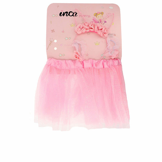 En rosa fe-maskeraddräkt för barn som består av en tyllkjol med glitter och ett diadem dekorerat med rosa blommor, förpackad på en rosa kartong.