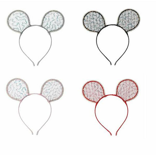 Fyra olika diadem med musöron i olika färger (silver, svart, rosa och rött), alla med glittriga spetsdetaljer.