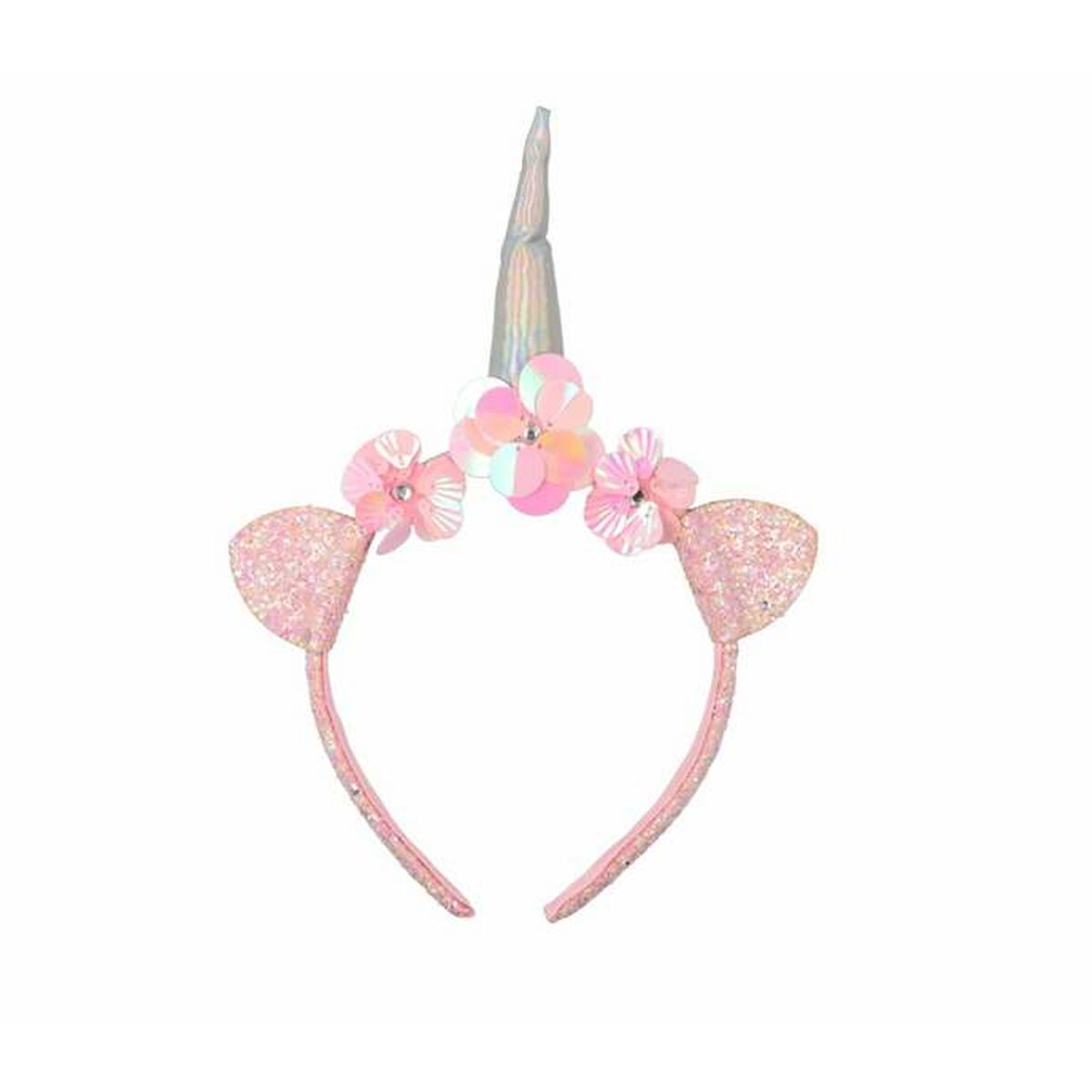 Ett rosa enhörningsdiadem med glittriga öron, dekorerat med rosa paljettblommor och ett silverfärgat, skimrande horn i mitten.