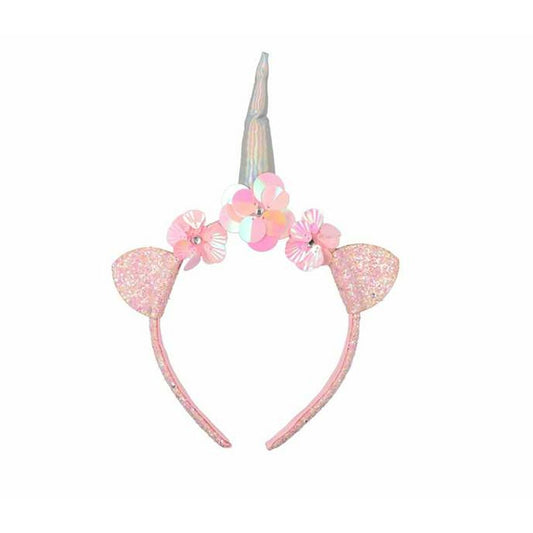 Ett rosa enhörningsdiadem med glittriga öron, dekorerat med rosa paljettblommor och ett silverfärgat, skimrande horn i mitten.