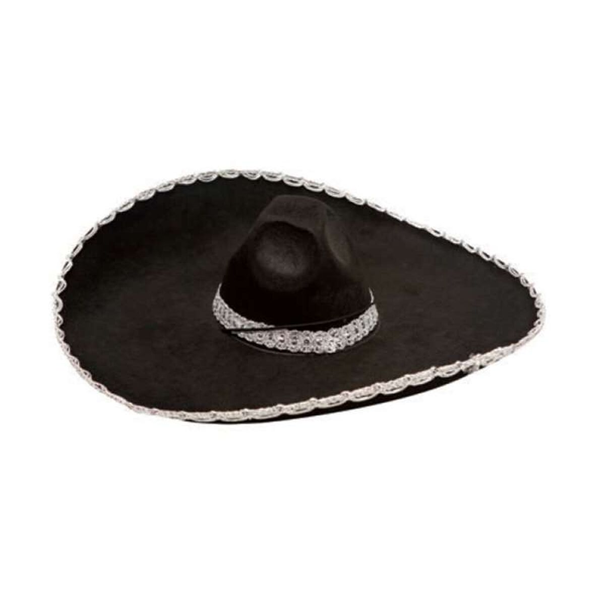 En stor svart mexikansk sombrero med en silverfärgad kant och ett dekorerat band runt hatten.