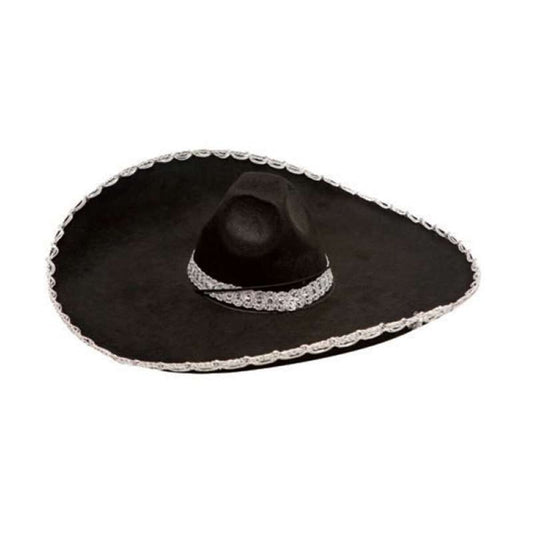En stor svart mexikansk sombrero med en silverfärgad kant och ett dekorerat band runt hatten.