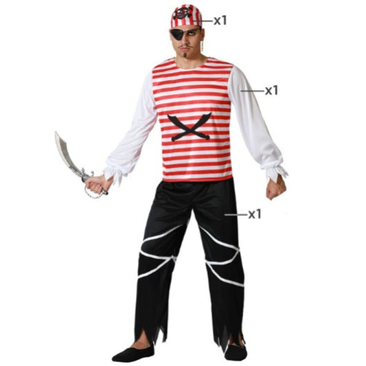 En vuxen man poserar i en komplett piratmaskeraddräkt som inkluderar en röd- och vitrandig väst, vita puffärmar, svarta byxor med vita banddetaljer och en randig bandana med ögonlapp.