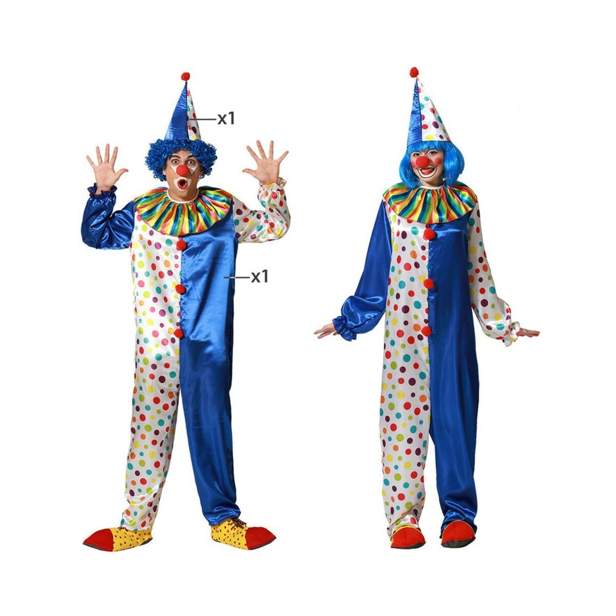 Två vuxna modeller, en man och en kvinna, poserar i en glansig blå och prickig unisex clowndräkt med matchande tomteluva och peruk.