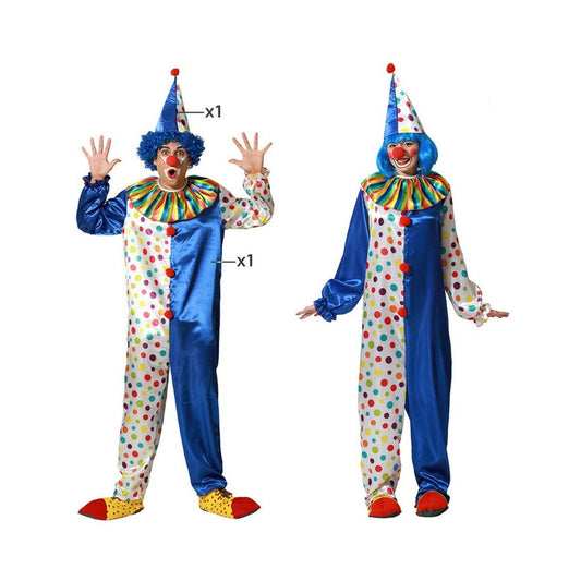 Två vuxna modeller, en man och en kvinna, poserar i en glansig blå och prickig unisex clowndräkt med matchande tomteluva och peruk.