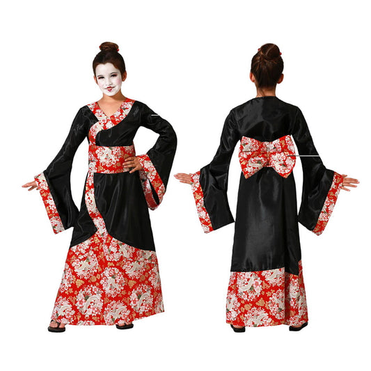Barn klädd i en svart och röd Geisha-maskeraddräkt, visandes framsidan med blommiga detaljer och baksidan med stor röd rosett i midjan.