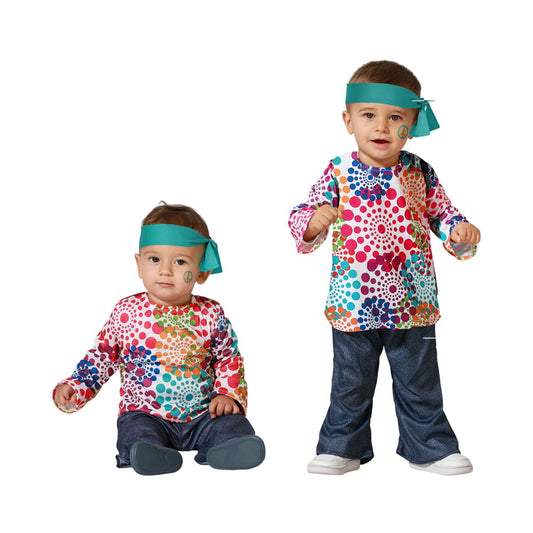 Två små bebisar klädda i färgglada hippiedräkter med prickedesign, pannband och fredstecken-klistermärken.