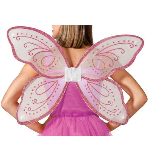 En person bakifrån som bär ett par stora, ljusrosa fjärilsvingar med glitterkanter och dekorativa virvlar i rosa glitter.