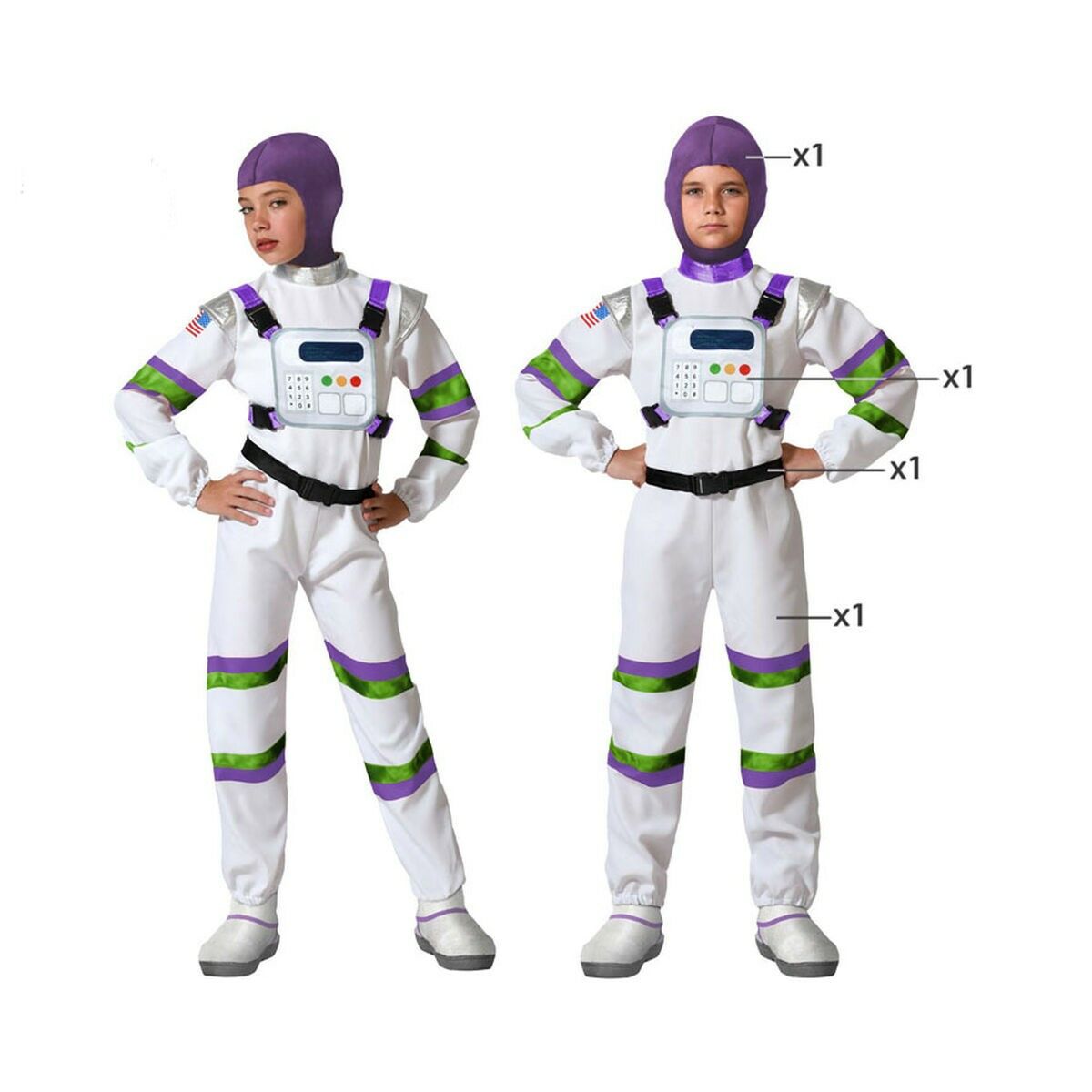 Två barn poserar i en vit och lila/grön astronautdräkt, där alla ingående delar som huva, bröstpanel och bälte är markerade med pilar.