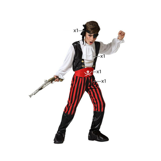 Ett barn klädd i en komplett piratdräkt med röd- och svartrandiga byxor, svart väst, vit skjorta, rött skärp med dödskalle och ett svart bandana med ögonlapp.