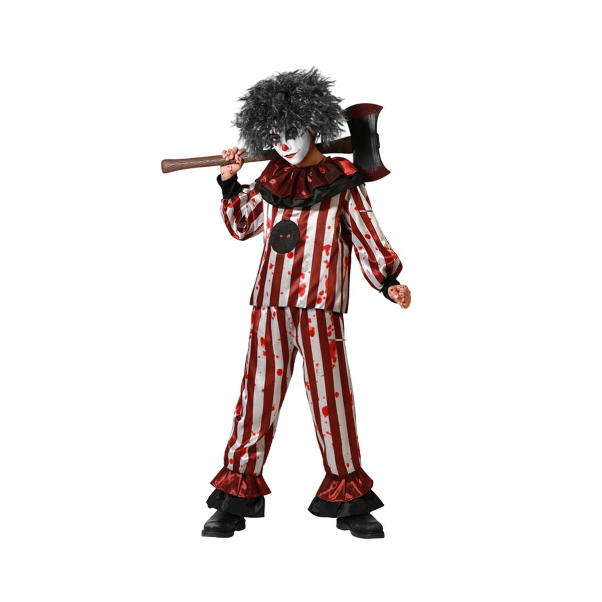 Ett barn klädd i en röd- och vitrandig Halloween-clowndräkt med blodstänk, en mörk tofsperuk och håller en stor, fusk-yxa över axeln.