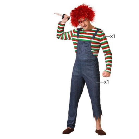 En vuxen person klädd i en Halloween-maskeraddräkt bestående av en röd-grön-vit randig långärmad skjorta och ett par blå denim-liknande hängselbyxor med slitna kanter i nederkant. Personen bär även en röd rufsig peruk och håller en leksakskniv i handen.