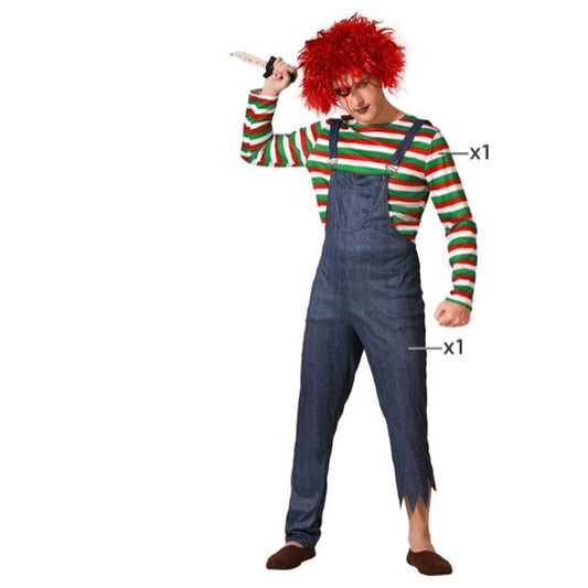 En vuxen person i storlek XL klädd i en halloweenmaskeraddräkt som består av en röd- och grönrandig långärmad tröja, blåa hängselbyxor med slitna kanter och en röd, yvig peruk.