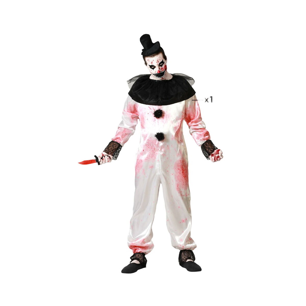 En vuxen i en vit och blodstänkt clowndräkt med svart krage, svart cylinderhatt och svarta spetsdetaljer på handleder och anklar. Personen håller i en röd kniv.