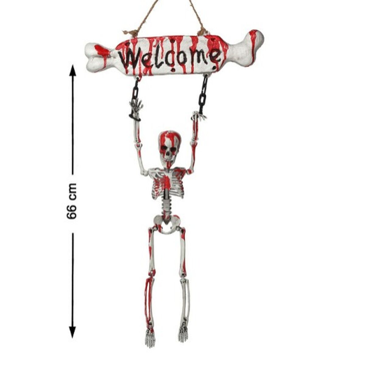 Hängande Halloween-dekoration som visar ett skelett som håller i en benformad skylt där det står "Welcome" med röd färg som ser ut som blod. Dekorationen är cirka 66 cm hög.