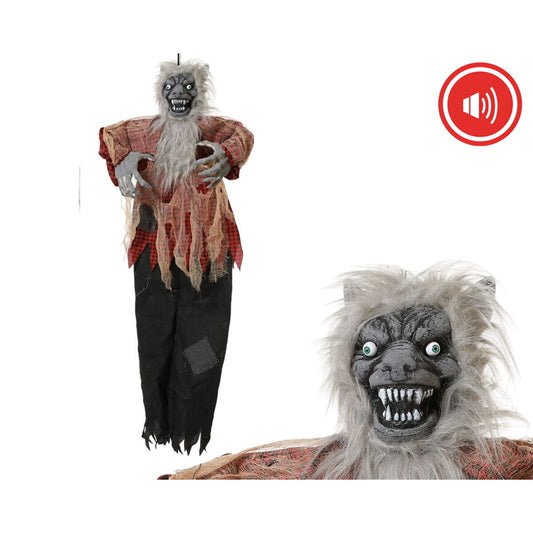 En 120 cm hög hängande Halloween-dekoration föreställande en varulv med vitt lurvigt hår, gröna lysande ögon, och trasiga röda och svarta kläder.